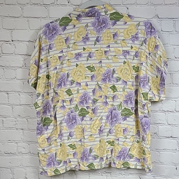 LuLaRoe Amy Oversized Lilac Floral Striped Dolman Short Sleeve Button Down Shirt - Picture 10 of 11